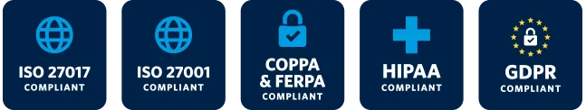 ISO 27001, ISO 27017, COPPA, FERPA, HIPPA & GDPR Compliant